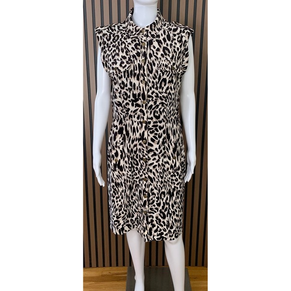 Calvin Klein Women's Leopard Print Sleeveless Button Down Utility Shirt  Dress 12
